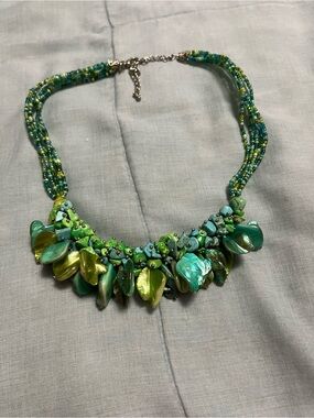 Green Multi-Bead Shell Pendant Necklace